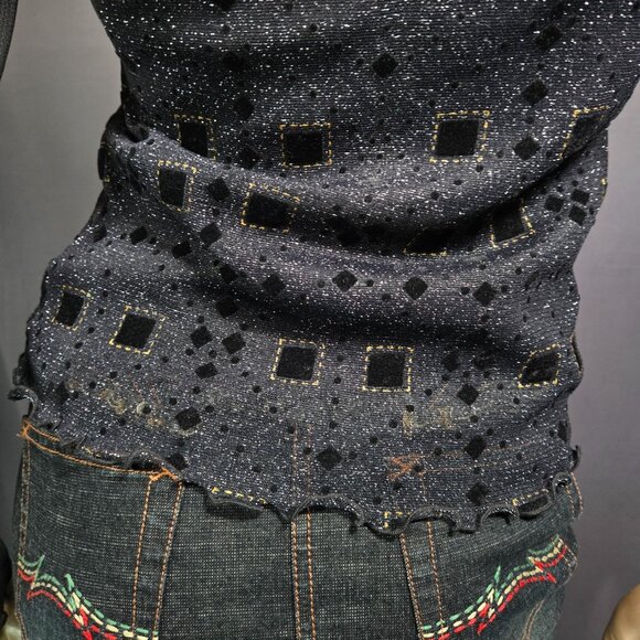 Y2K Black Glitter Mesh Top Flocked Velvet Size S Whimsigoth Goth Grunge - Picture 8 of 9